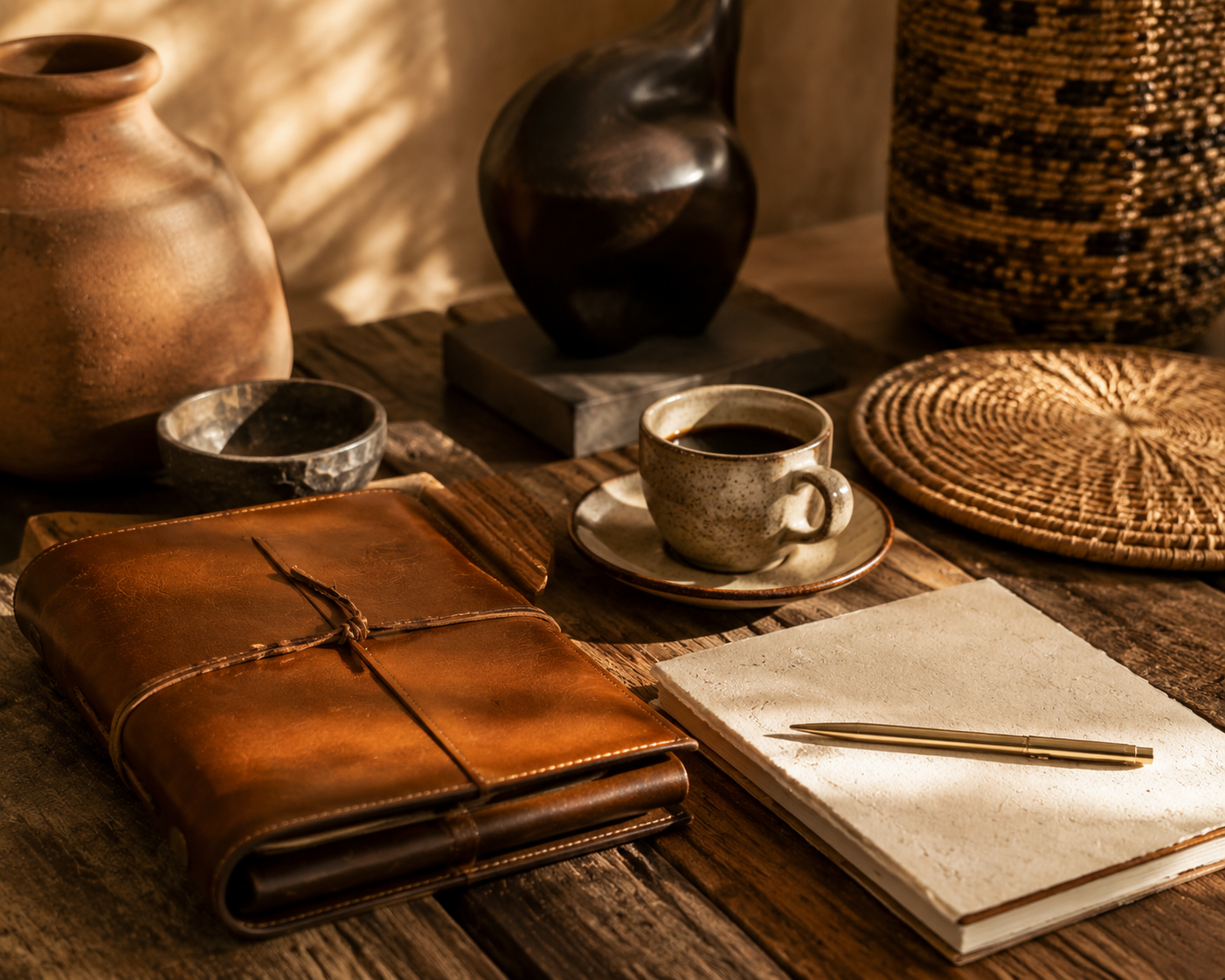 Bureau chaleureux avec carnet de cuir et tasse de café